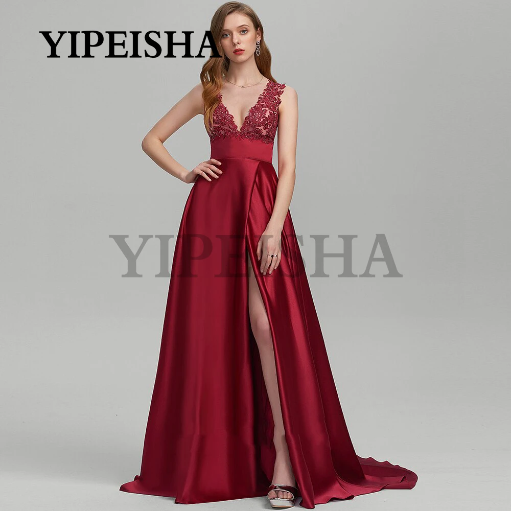 V-Neck Backless A-Line Evening Dresses Satin Lace Appliques Front High Split Simple Prom Gown robes de soirée vestidos de fiesta (0)
