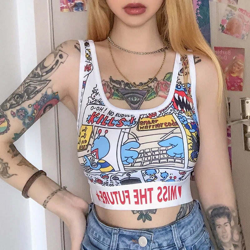 Майка женская с мультяшным принтом пикантный облегающий Топ без рукавов в стиле