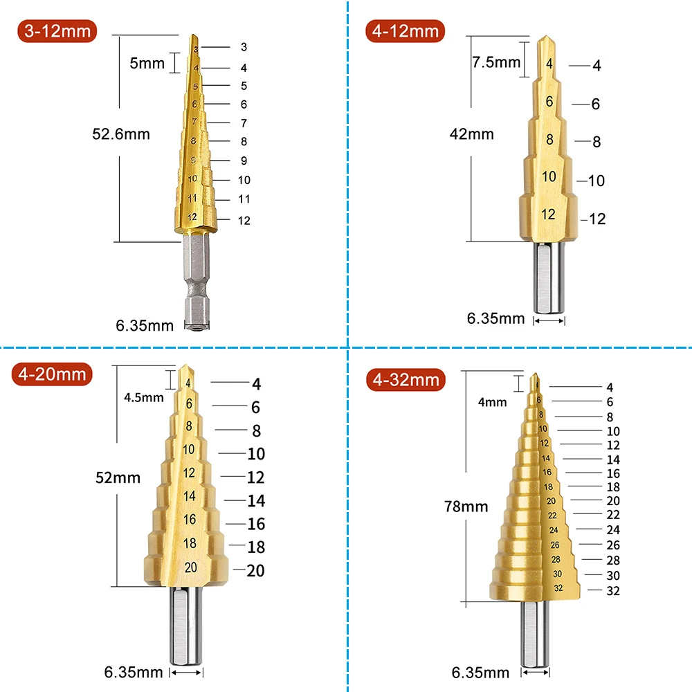 HSS Straight Groove Step Drill Bit Titanium Coated Wood Metal Hole Cutter Core Drilling Tools Set 4 Models 3-12 4-12 4-20 4-32 |