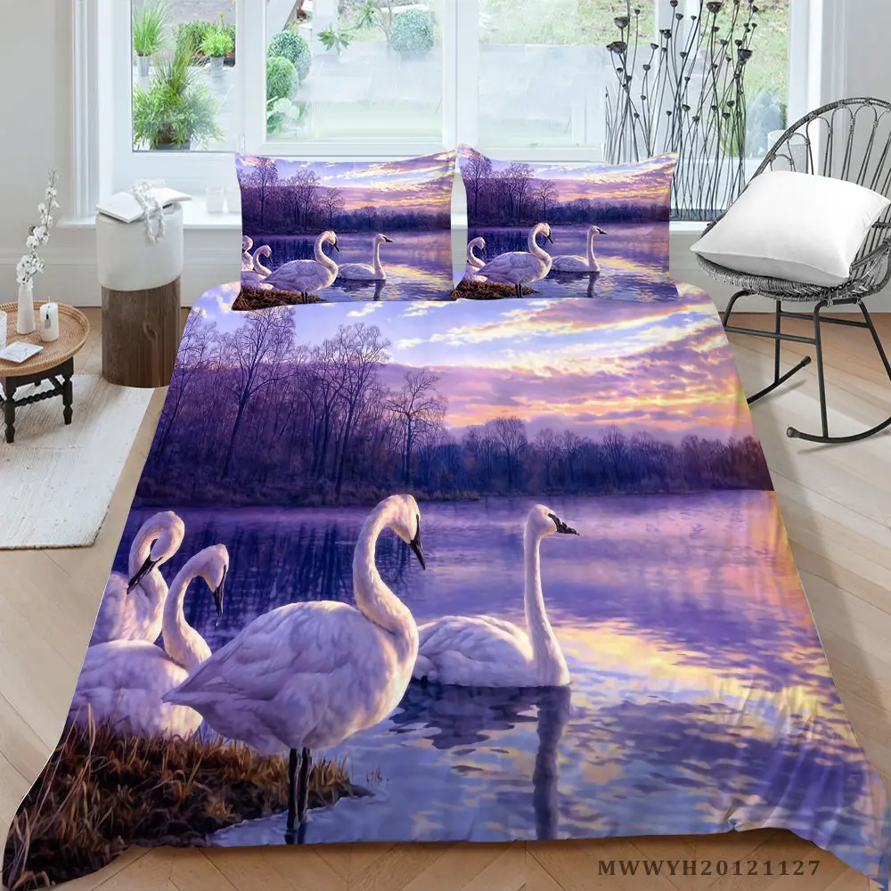 

Oil Painting Bedding Set Swan Print Romantic Duvet Cover Twin Full Single Double King Queen Artistic Bed Set For Girls