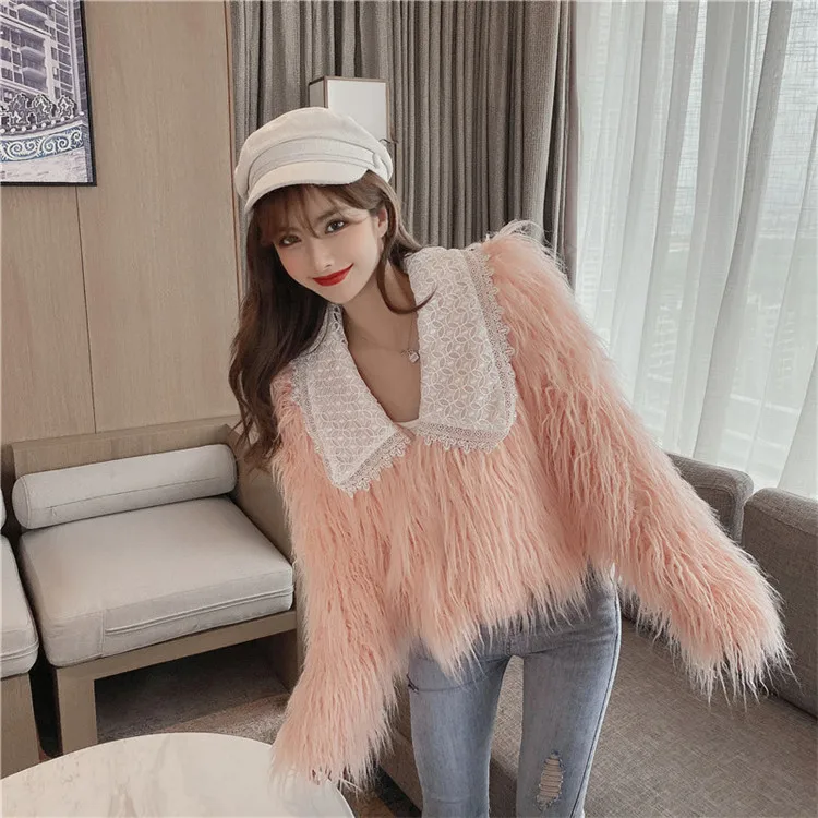 

Lace stitching faux fur short faux fur long-sleeved fur coat