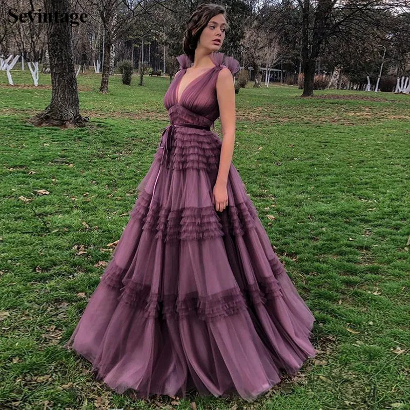 

Sevintage A Line Empire Waist Tulle Evening Dresses Deep V Neck Sleeveless Pleated Prom Gowns Plus Size Purple Abendkleider 2022