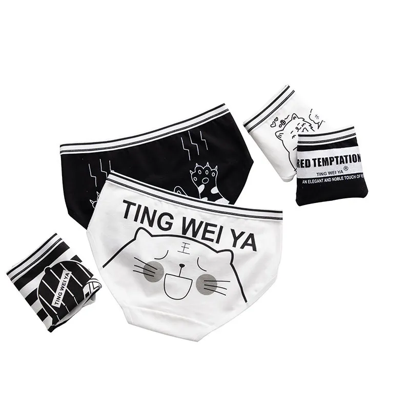 

Pure Cotton Simple Black and White Ladies Panties Cute Cartoon Panties Mid-waist Hip Breathable Panties Women Striped Underwear