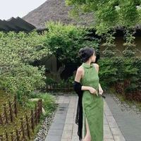 modern fancy party qipao chinese dress vintage split solid green long dresses for women cheongsam elegant traditional costume