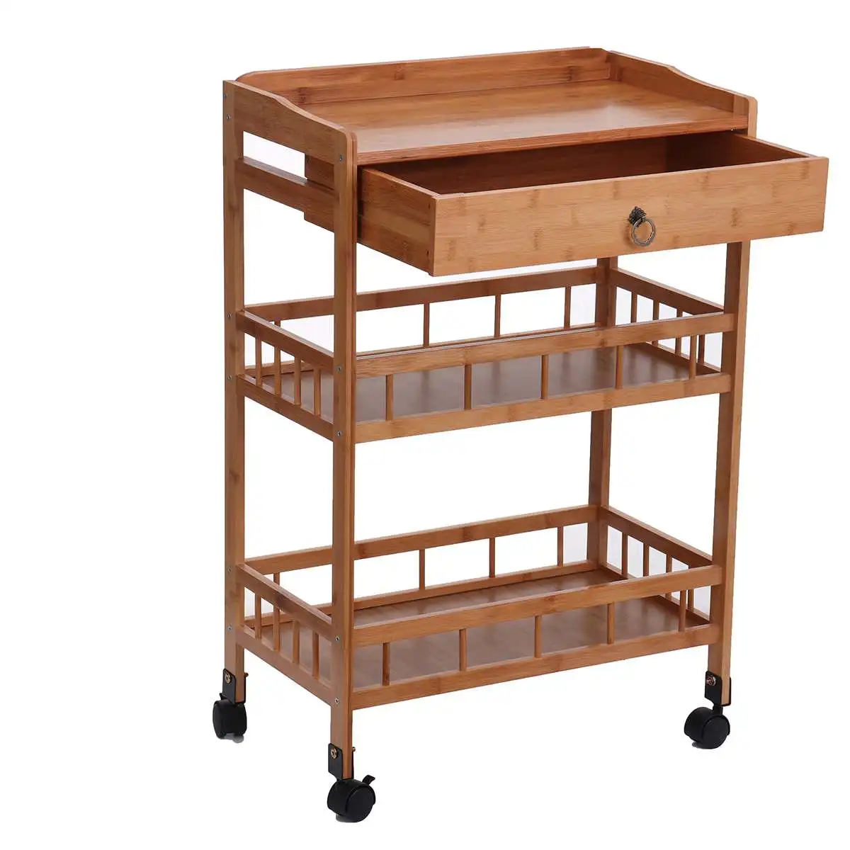 

Kitchen Trolley 3 Layers Bar Serving Cart Rolling Wheels Bamboo Dining Room Cart Removable Floor Shelf Storage Rack Organizer