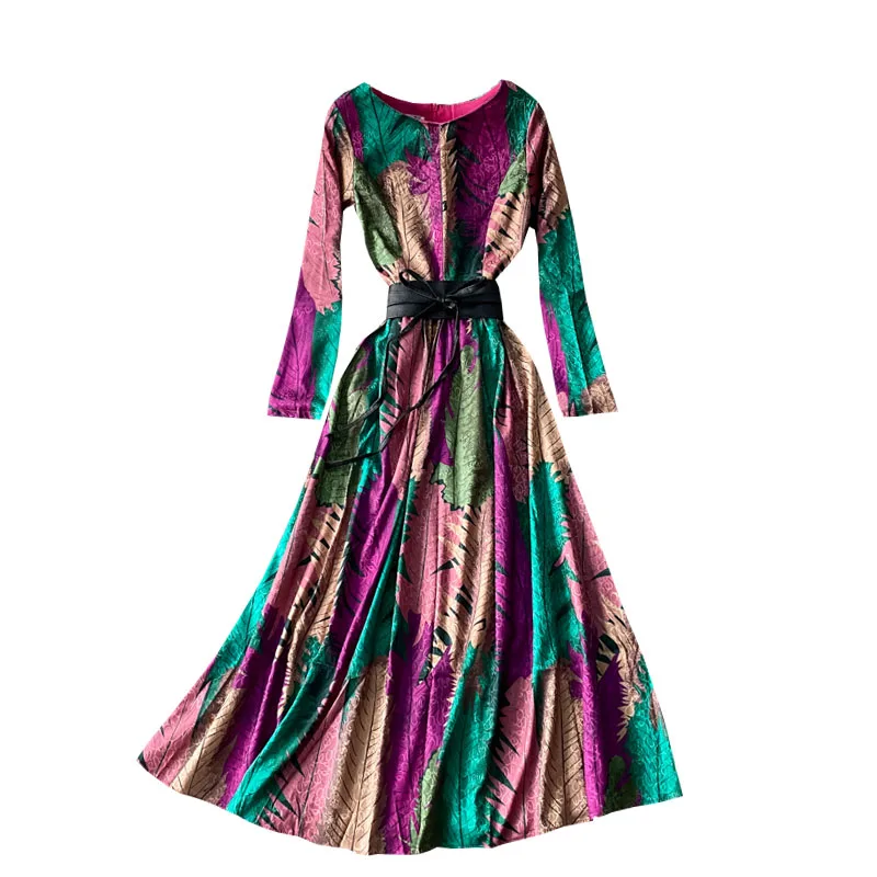 

super fairy leaves printing color matching accept waist round collar dress show thin sand posed dress at the seaside