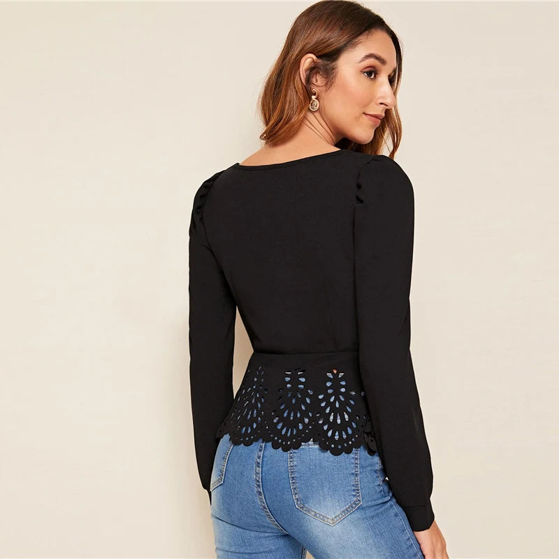 SHEIN блуза на пуговицах с квадратным воротником и баской, с пышными рукавами, Женские топы и блузки, весенний элегантный облегающий Топ