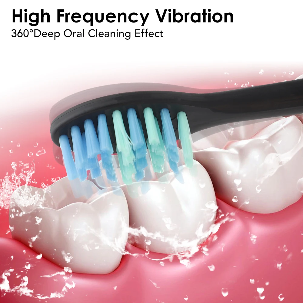 Electric Sonic Vibration Toothbrush Teeth Whitening Tool Portable Smart Tooth Brush with 2 Replacement Heads Set for Travel