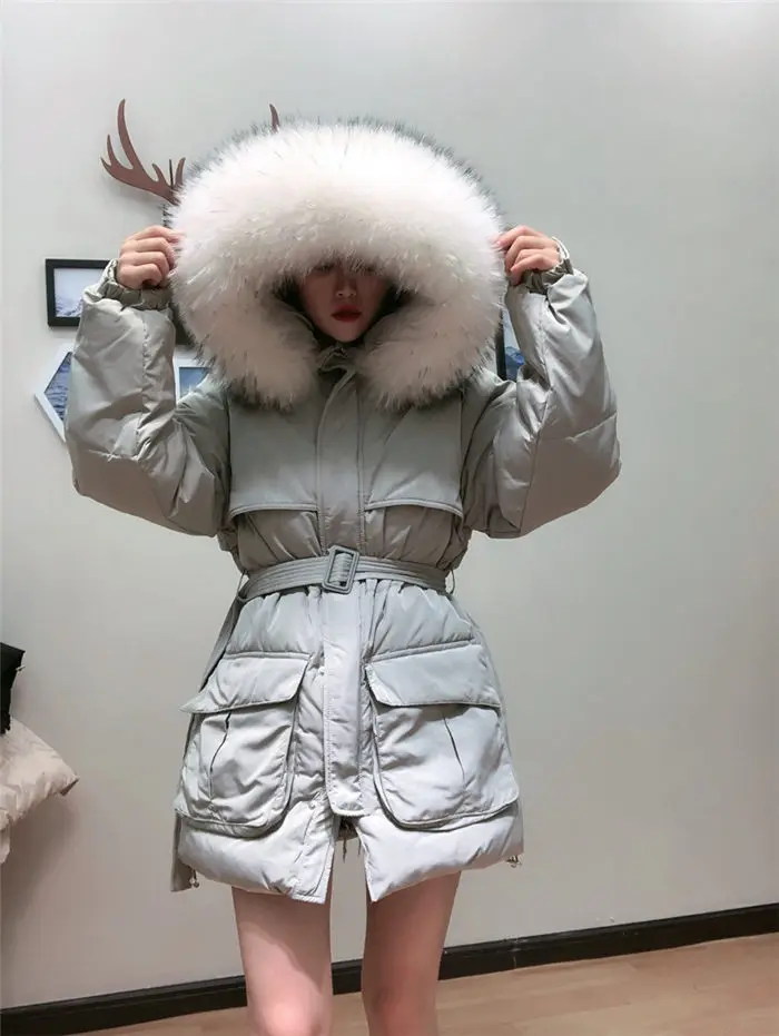 White Down Coat Winter Woman Fashion New Hooded Fur Collar Warm Thicken Cotton Clothing Casual Parkas Belt Overcoat f1401