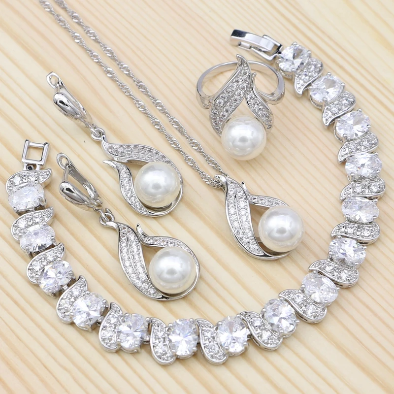 

Fire 925 Silver Jewelry White Pearl Cubic Zirconia Jewelry Set For Women Bracelet/Earrings/Ring/Pendant/Necklace Chain