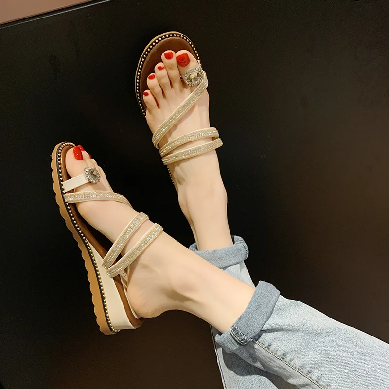 Women Shoes Summer New Fashion Toe Thick bottom Sandals Leisure Solid Outside Wedges Shallow  4cm High Heels Wear two Con cise