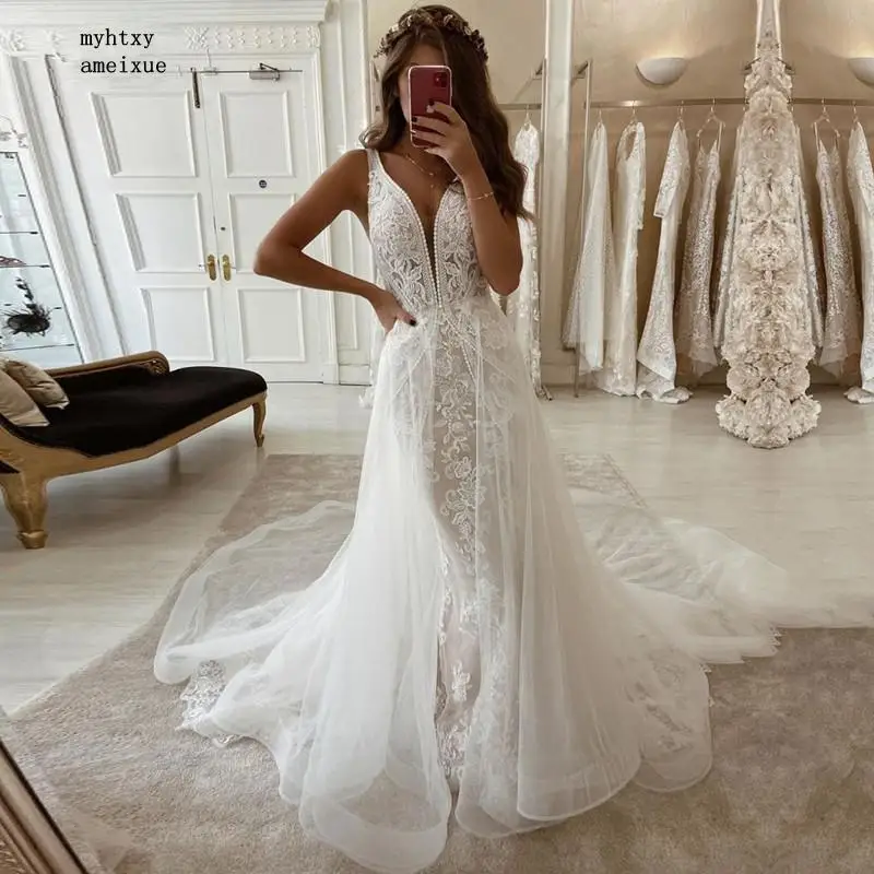 

Женское кружевное свадебное платье без рукавов, белое платье в стиле бохо с V-образным вырезом, юбкой-годе, шлейфом и молнией в пол, 2021