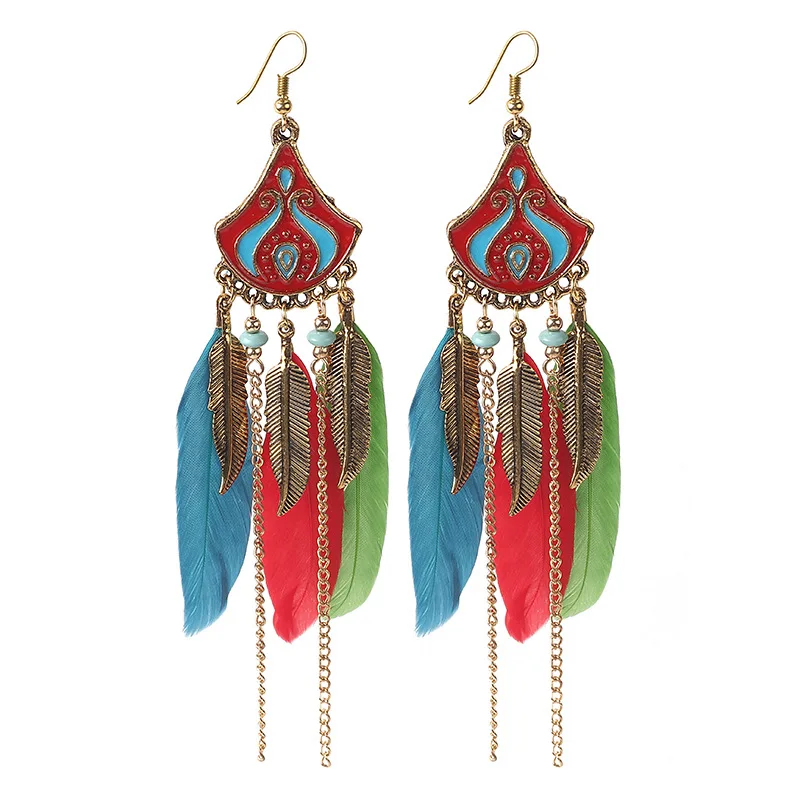 

Creative National Style Long Feather Geometric Drop Earrings Cool Bohemian Beach Holiday Ear Pendant