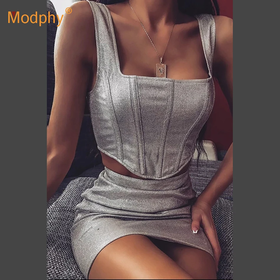 Новинка лета 2020 Женский Блестящий серебряный облегающий комплект из 2 предметов