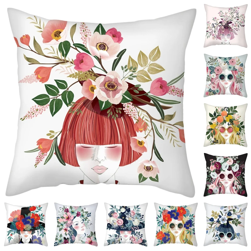

Abstract Flower Girl Print Throw Pillows Creative Plower Girl Pillows For Bed Sofa Chair Car Seat Cushion Cover Throw Pillows