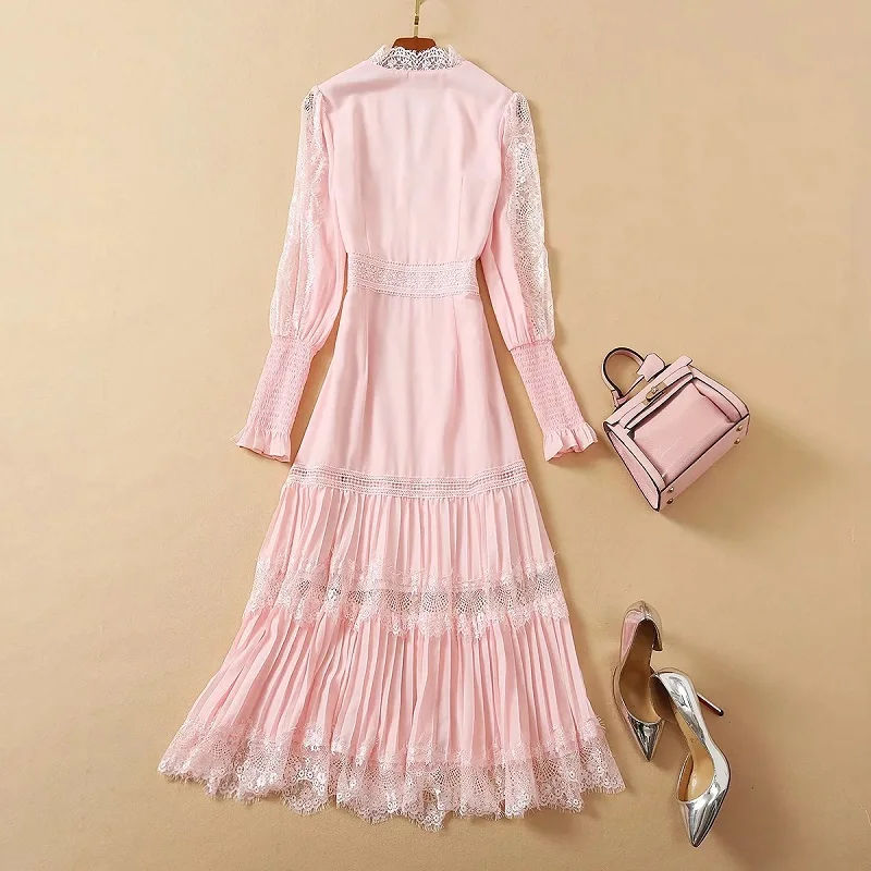 

Black Pink Lace Dress 2021 Spring Summer Fashion Runway Style Women Sexy Deep V-Neck Long Sleeve Hollow Out Embroidery Dress
