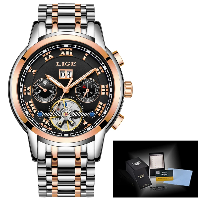 Часы наручные LIGE Мужские автоматические брендовые Роскошные деловые
