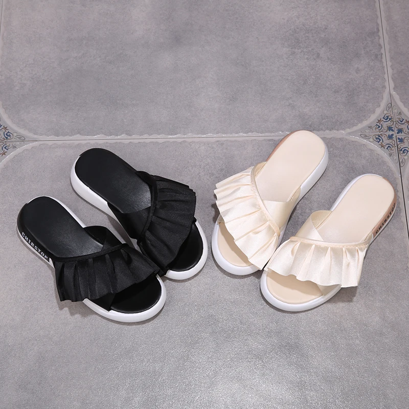 

Shoes Woman 2021 Slippers Casual Pantofle Med Platform Luxury Summer New Soft Flat Rome Slides Rubber Leisure Silk Fabric Fashio