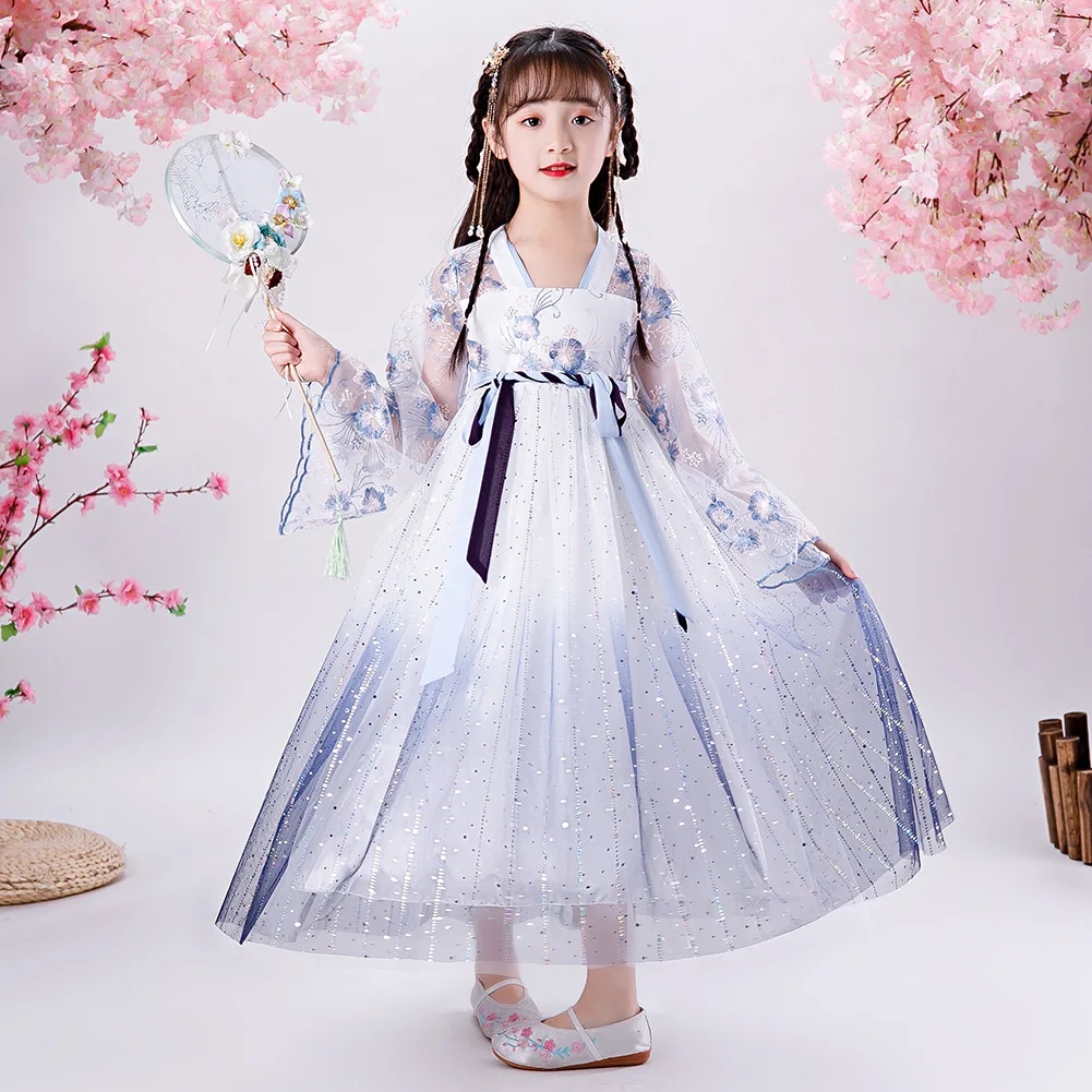 

Костюм Hanfu для девочек, летний, с вышивкой, с градиентными цветными блестками