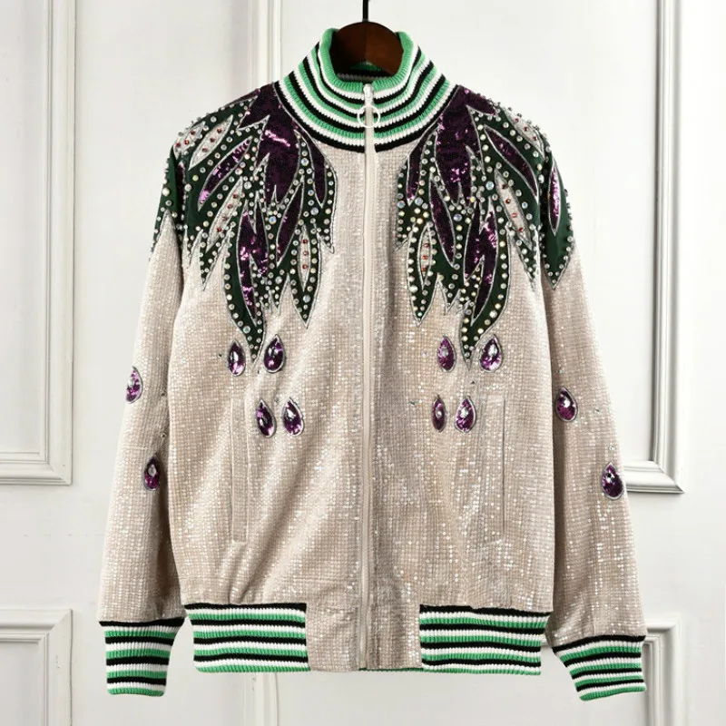 CAMIA вышитая блестками бейсбольная Джерси бархатная зимняя куртка для