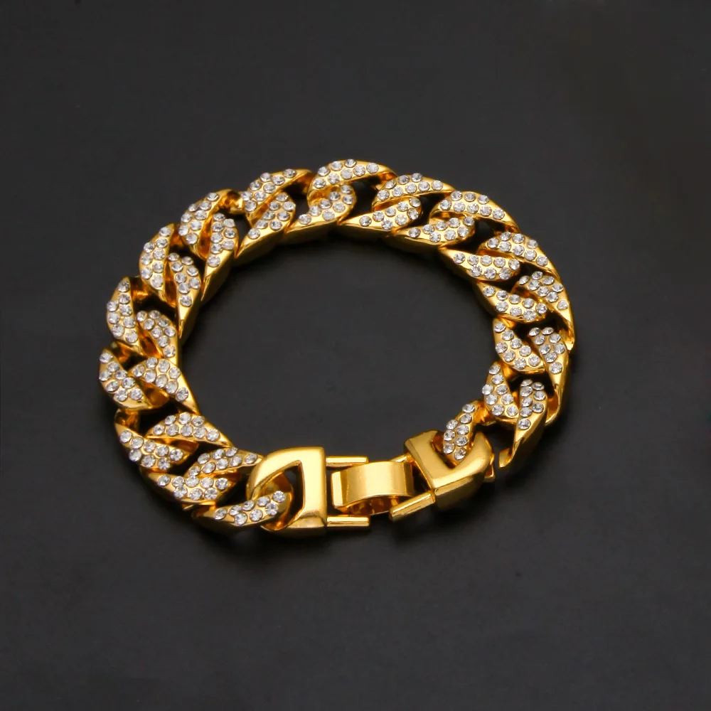 

Europe Luxury Bracelet Hip Hop Mens Ice Zircon Gold Cuban Bracelet Dainty Women Rhinestone High Quality Bracelet Jewelry Gift