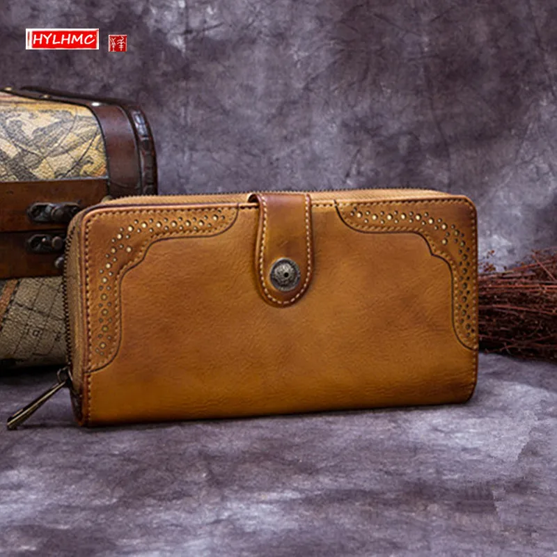 Vintage Leather Long Zipper Purse Women Wallet Card Holder Wallets Large Capacity Purses Cowhide Leather Female
