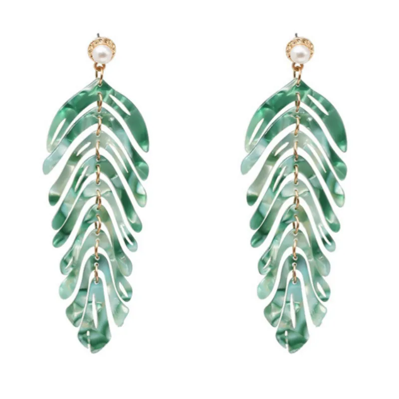 Новые длинные висячие серьги из смолы с зелеными листьями вечерние ювелирные