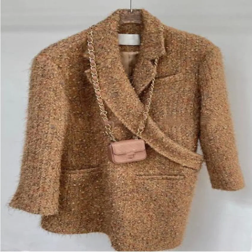 

French style winter weave tweed wool blends blazer women small fragrance temperament thick outwear