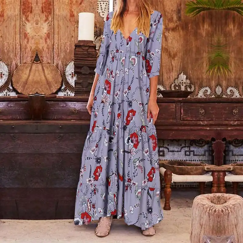 Осенний праздничный сарафан ZANZEA Повседневный 3/4 рукав длинный макси Vestido женский сексуальный v-образный вырез с цветочным принтом богемное женское платье халат