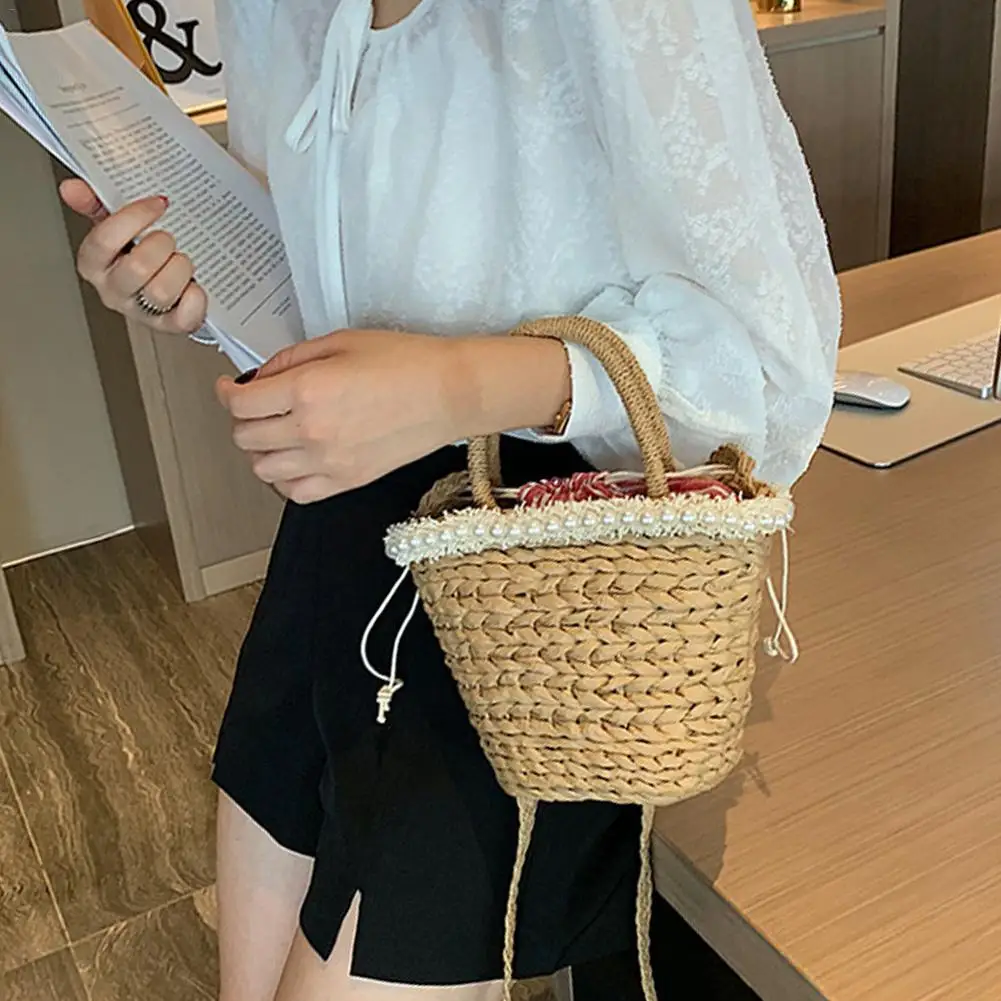 Женская сумка ведро богемный Модный с жемчугом ручной работы Соломенная