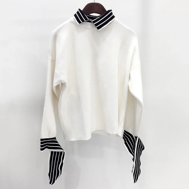 

Sleeves Tie Jumper Contrast Color Striped Knit Sweater 2021 New Female Autumn Winter Slim Pullover Bottoming Top Knitwear