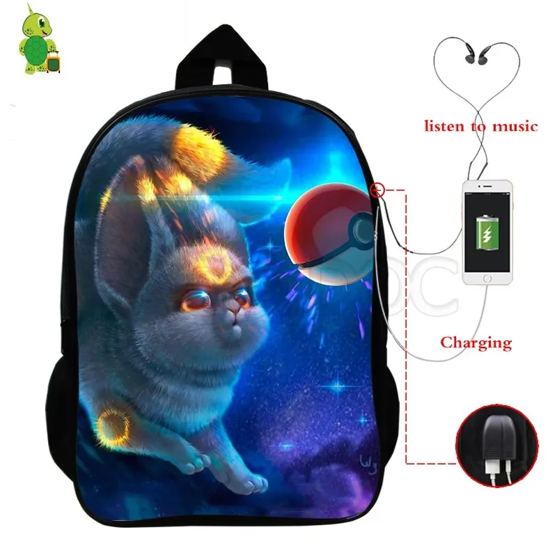 Забавный рюкзак Pokemon Pikachu Mewtwo с зарядкой через USB, многофункциональные школьные сумки для девочек-подростков и мальчиков, большие дорожные сумки через плечо