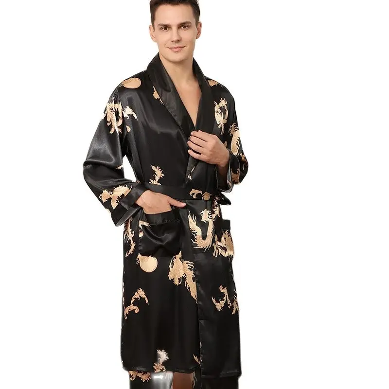 Male Satin Sleepwear Robe&Pants Dargon Pajamas Set Print Men Nightwear Kimono Bathrobe Gown Faux Silk Lounge Wear Home Clothes images - 6