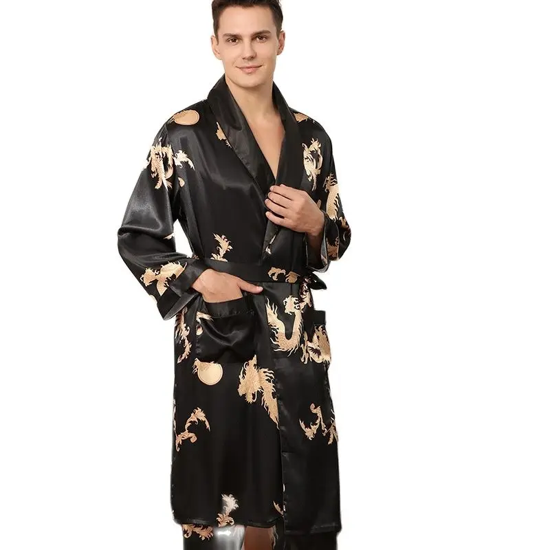 Male Satin Sleepwear Robe&Pants Dargon Pajamas Set Print Men Nightwear Kimono Bathrobe Gown Faux Silk Lounge Wear Home Clothes