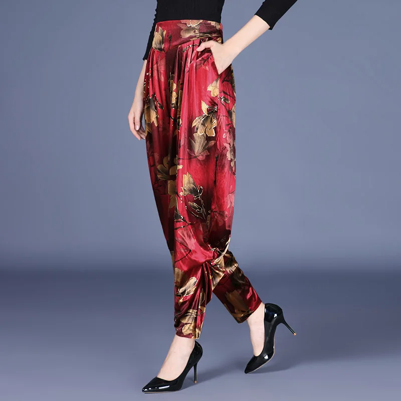 

Autumn winter print harem pants Women's pants Vintage velvet pants high waist loose wide leg pants Women Elastic waist trousers