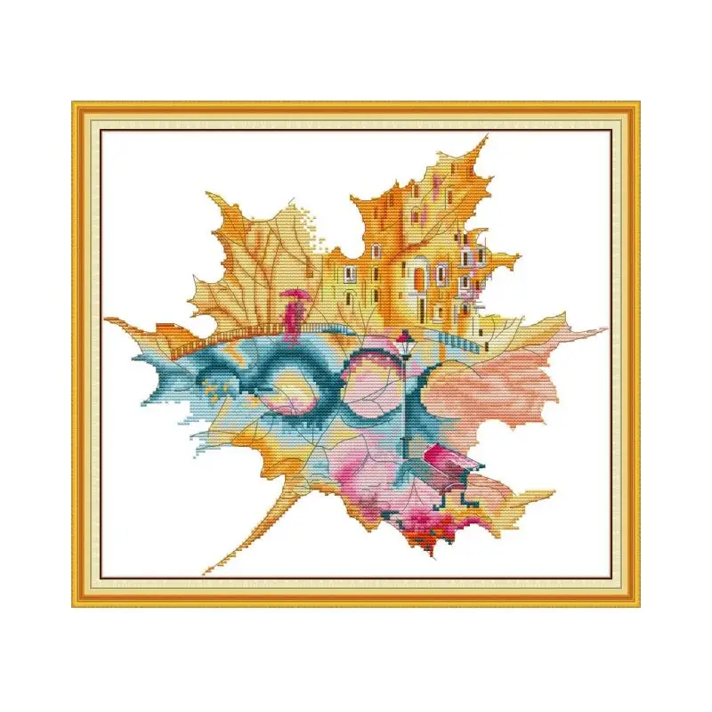 Вышивка крестиком город в кленовом листе рисунок на холсте 14ct 11ct рукоделие DMC