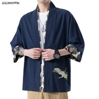 crane embroidery men patchwork kimono jacket frog closure single button cotton linen stand collar three quarter sleeve thin coat