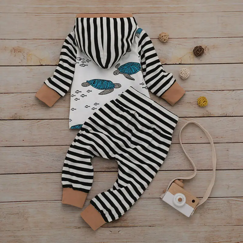 2PCS Clothes Set for Baby Boys Print Long Sleeve Hooded Sweater Turtle Tortoise Hoodies Outfit Striped Long Pants 0-24M