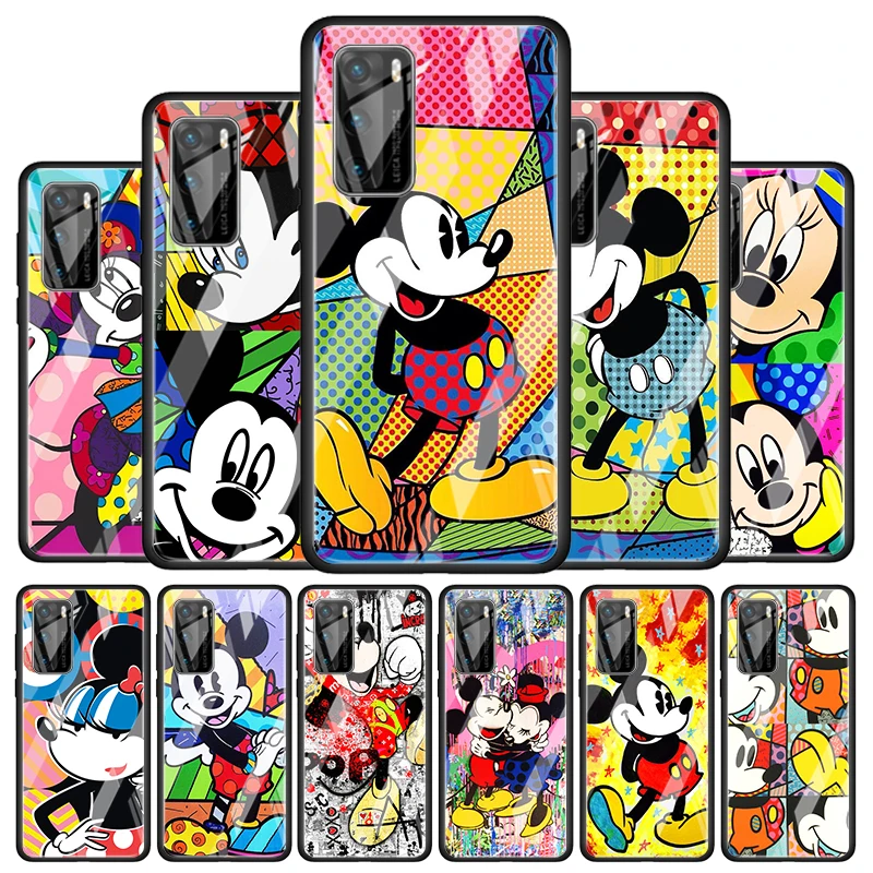 

Color Disney Mickey for Huawei P40 P30 Pro Plus P20 P10 Lite P Smart Z 2021 2020 2019 Luxury Tempered Glass Phone Case