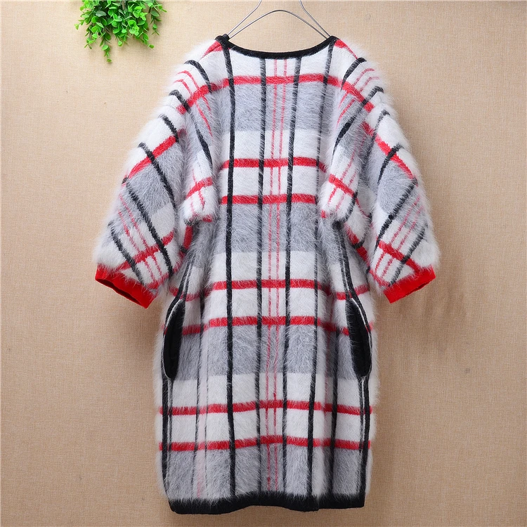 Женское кашемировое пальто в клетку зимнее из шерсти Ангорского Кролика с
