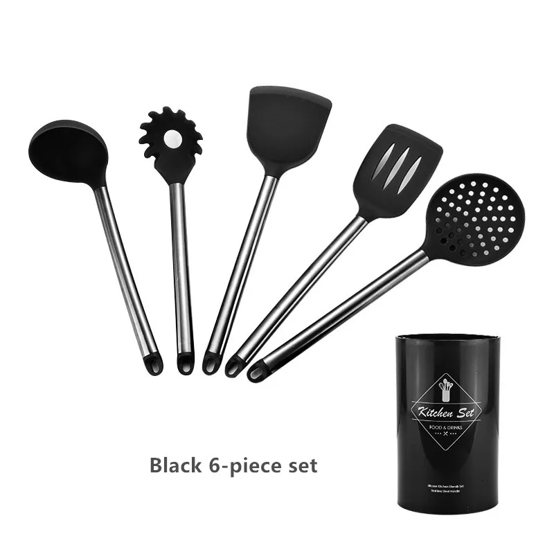 Black 6-piece set Набор инструментов для приготовления пищи, силиконовый кухонный высококачественный термостойкий набор посуды, щипцы, лопатка, ложка с ящиком для хранения, Тернер - Цвет: Black 6-piece set