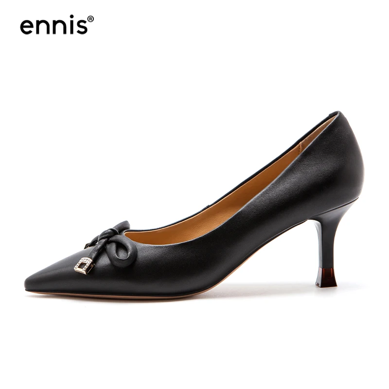 

ENNIS Ladies Shoes 2021 Stiletto Heels Genuine Leather Pumps Women Pointed Toe Thin High Heel Shoes White Black Spring New P106
