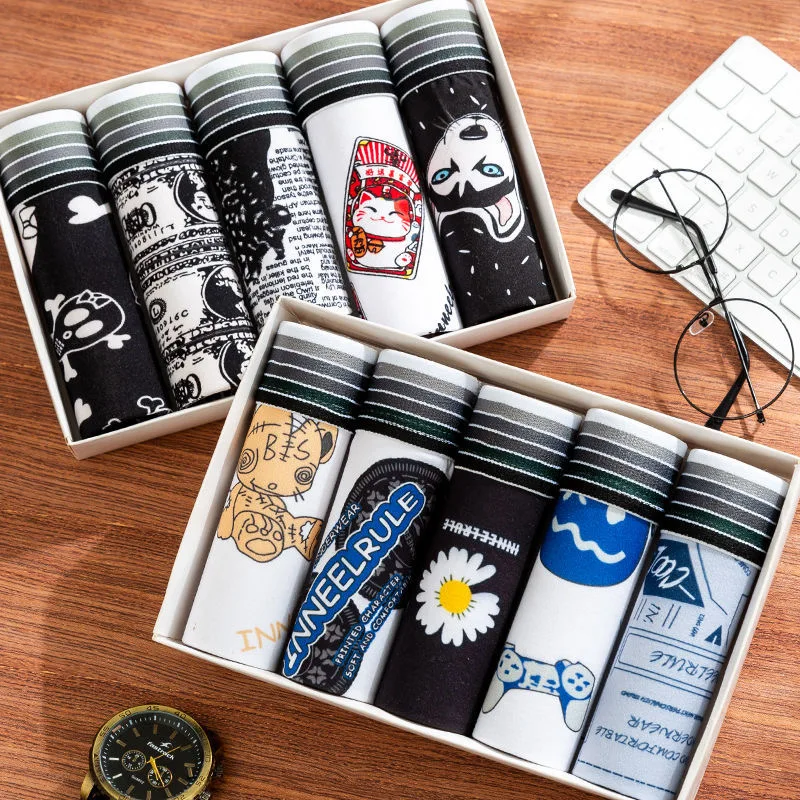 

5Pcs/Lot New Boxer Men's Underwear Men's Cotton Fiber Cute Cartoon Printed Shorts Youth Student Sports Men's Boxer Pants