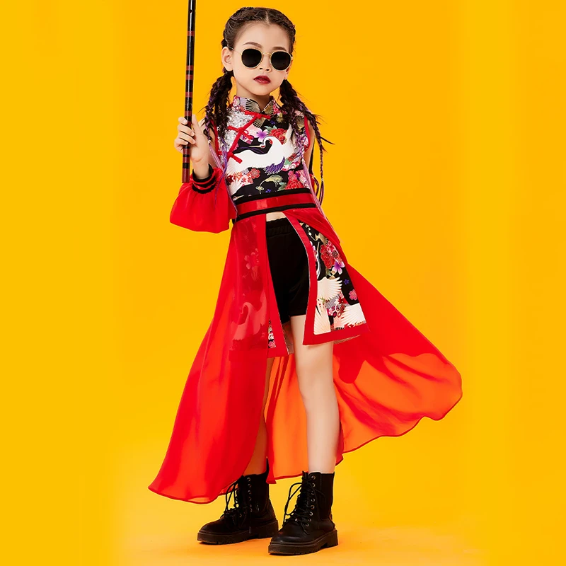 

Национальный костюм для сцены, одежда для джазовых танцев для девочек, костюм в китайском стиле для выступлений, красная одежда в стиле хип-...