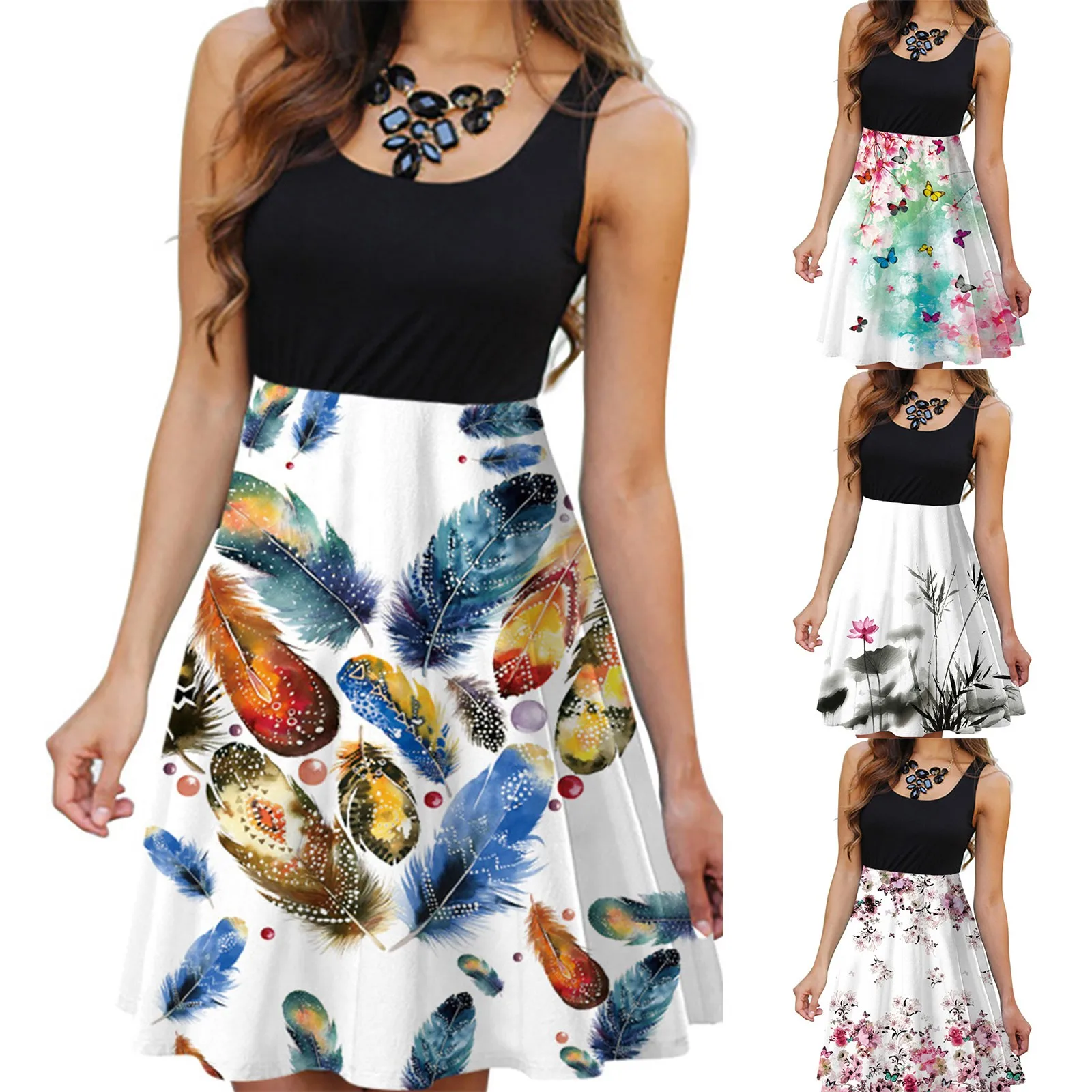 

Women Sleeveless Dress Fashion Round Neck Digital Printing Casual Stitching Dress Vestidos De Verano Robe t