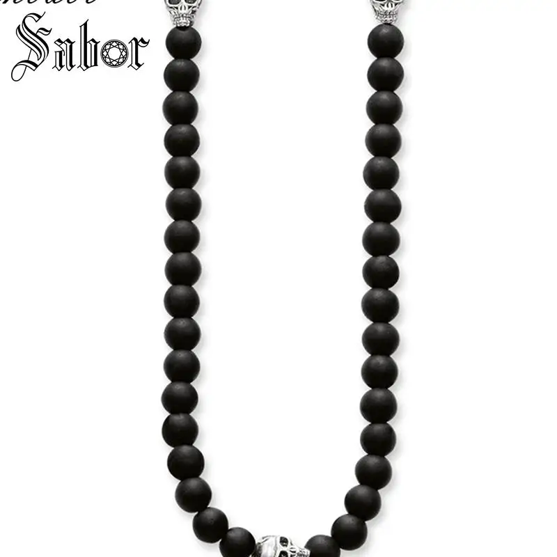 Колье из ленты с цепочкой черепом Rebel матовые черные бусины обсидиана и