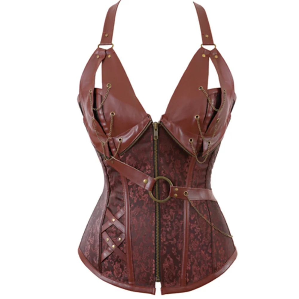 Женский Готический корсет в стиле стимпанк Холтер коричневая сталь с косточками