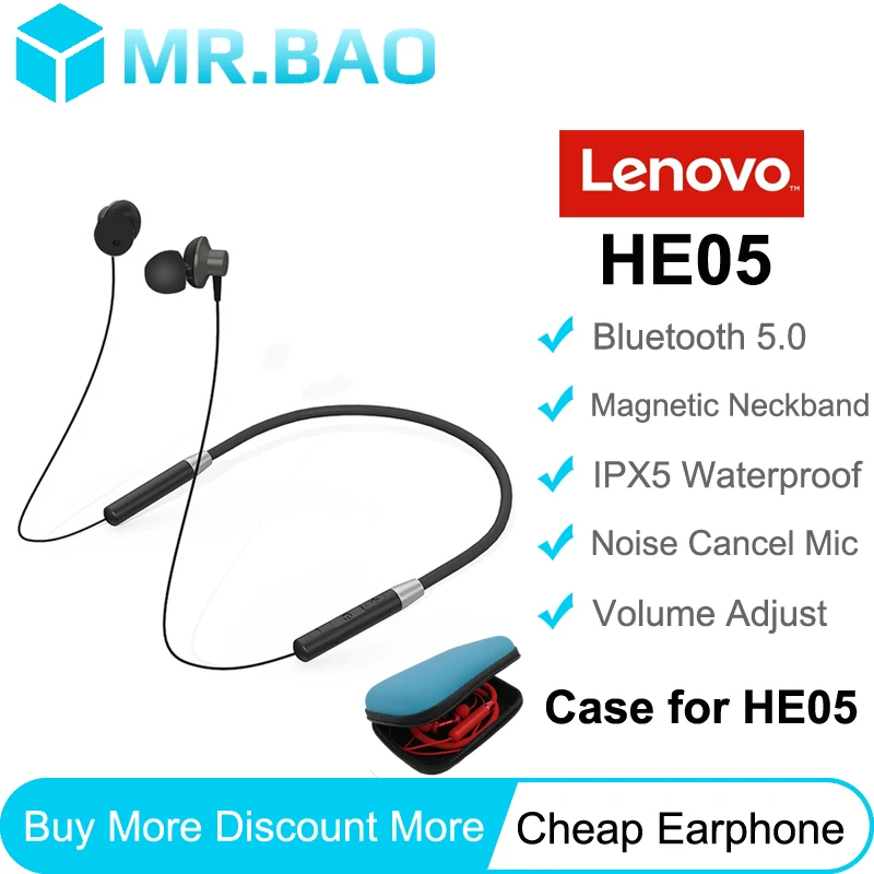 Наушники Lenovo HE05 беспроводная гарнитура Bluetooth 5 0 с магнитным шейным ремешком IPX5