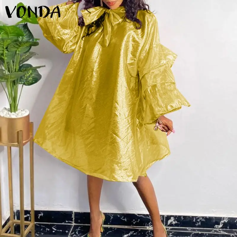 

Knee-Length Dress VONDA 2021 Autumn Women Long Sleeve See Through Party Dresses Femme Bohemian Vestidos Oversize Short Robe