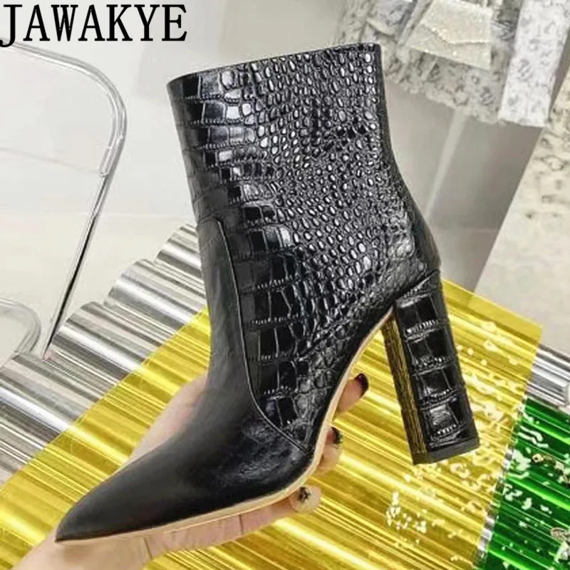 

British Pointy toe Chelsea Boots for Women High-quality Crocodile Leather High Heel Ankle Boots Winter Fashion Week Brand Boots
